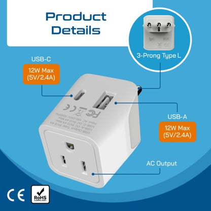 Italy Travel Adapter - Type L - USB-A + USB-C (CTU-12A)