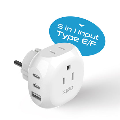 European Schuko Travel Plug Adapter - Type E/F - 5 in 1 - Ultra Compact (PTU-9)