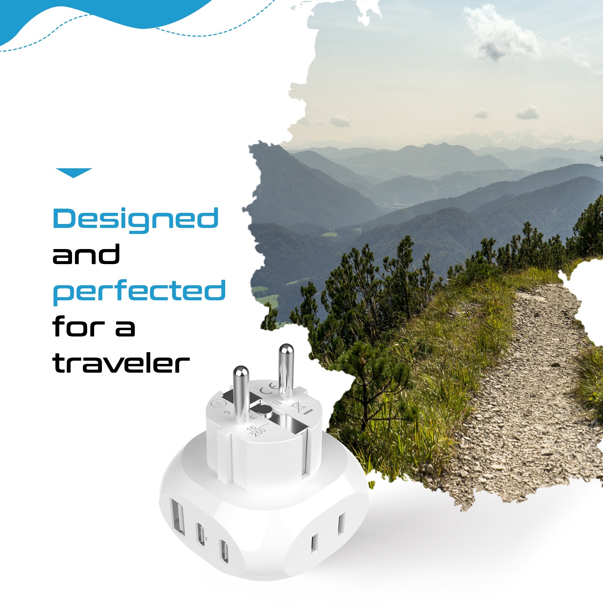 European Schuko Travel Plug Adapter - Type E/F - 5 in 1 - Ultra Compact (PTU-9)