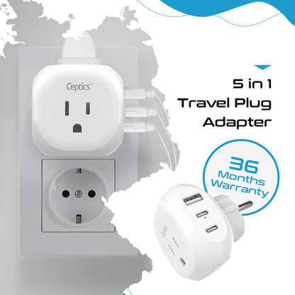European Schuko Travel Plug Adapter - Type E/F - 5 in 1 - Ultra Compact (PTU-9)
