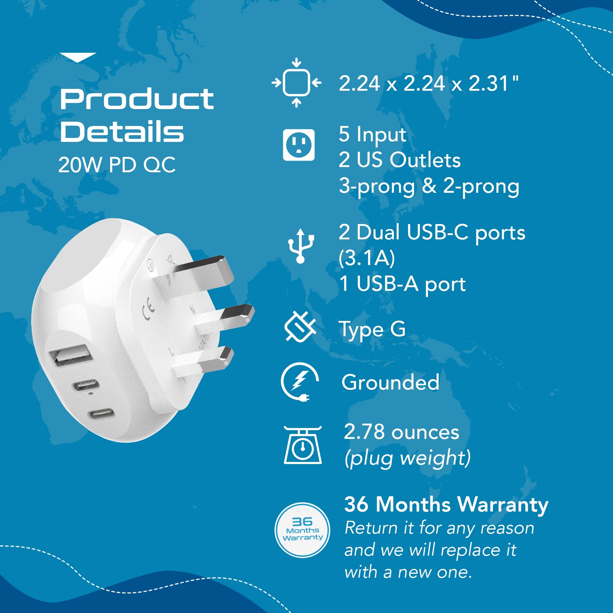 UK, England Travel Adapter Plug - Type G - 5 in 1 - Ultra Compact (PTU-7)