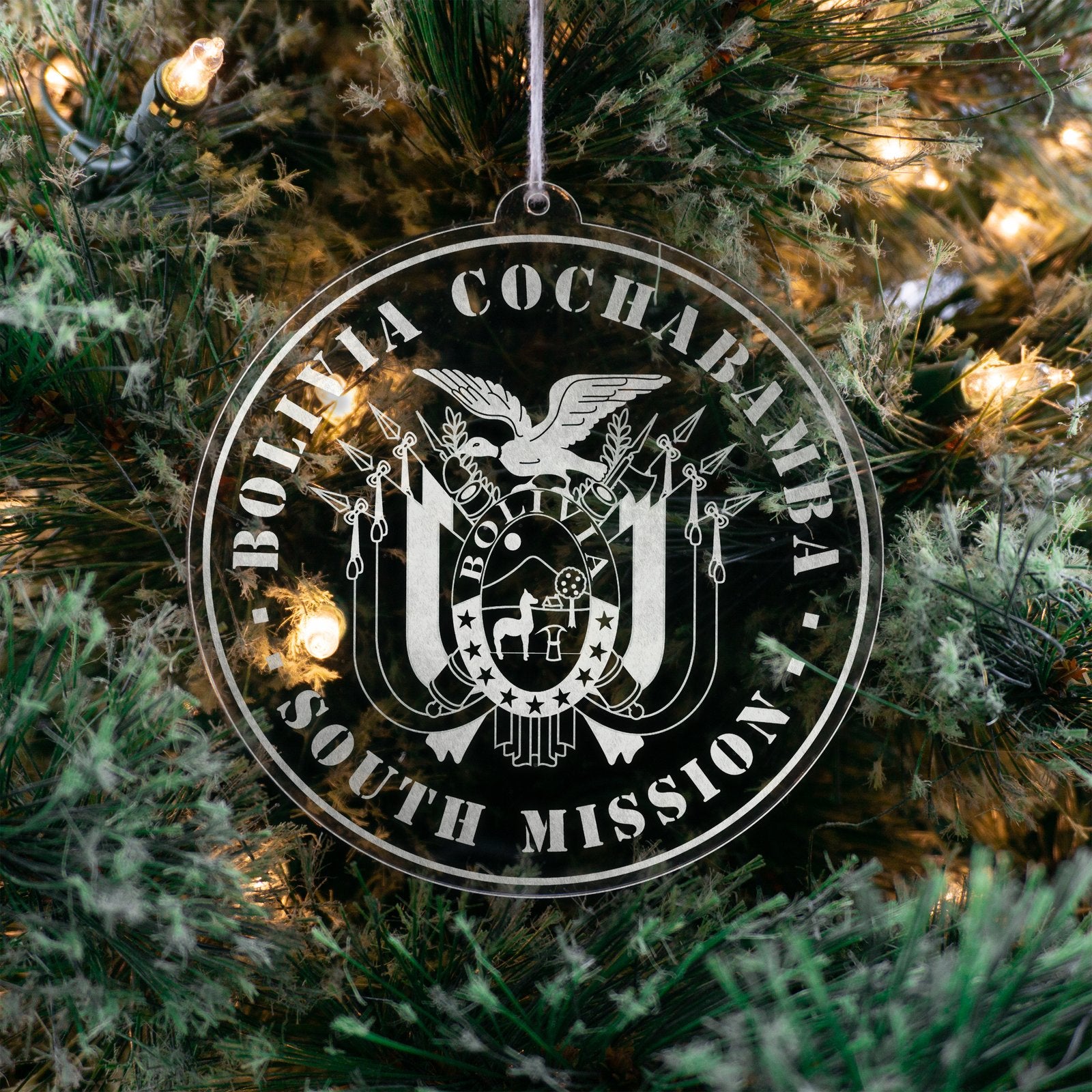 LDS Bolivia Cochabamba South Mission Christmas Ornament hanging on a Tree