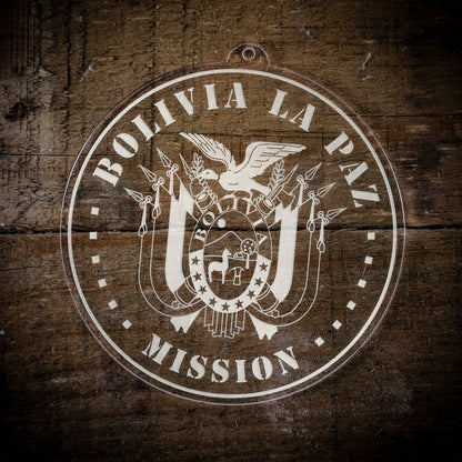 LDS Bolivia La Paz Mission Christmas Ornament laying on a Wooden Background