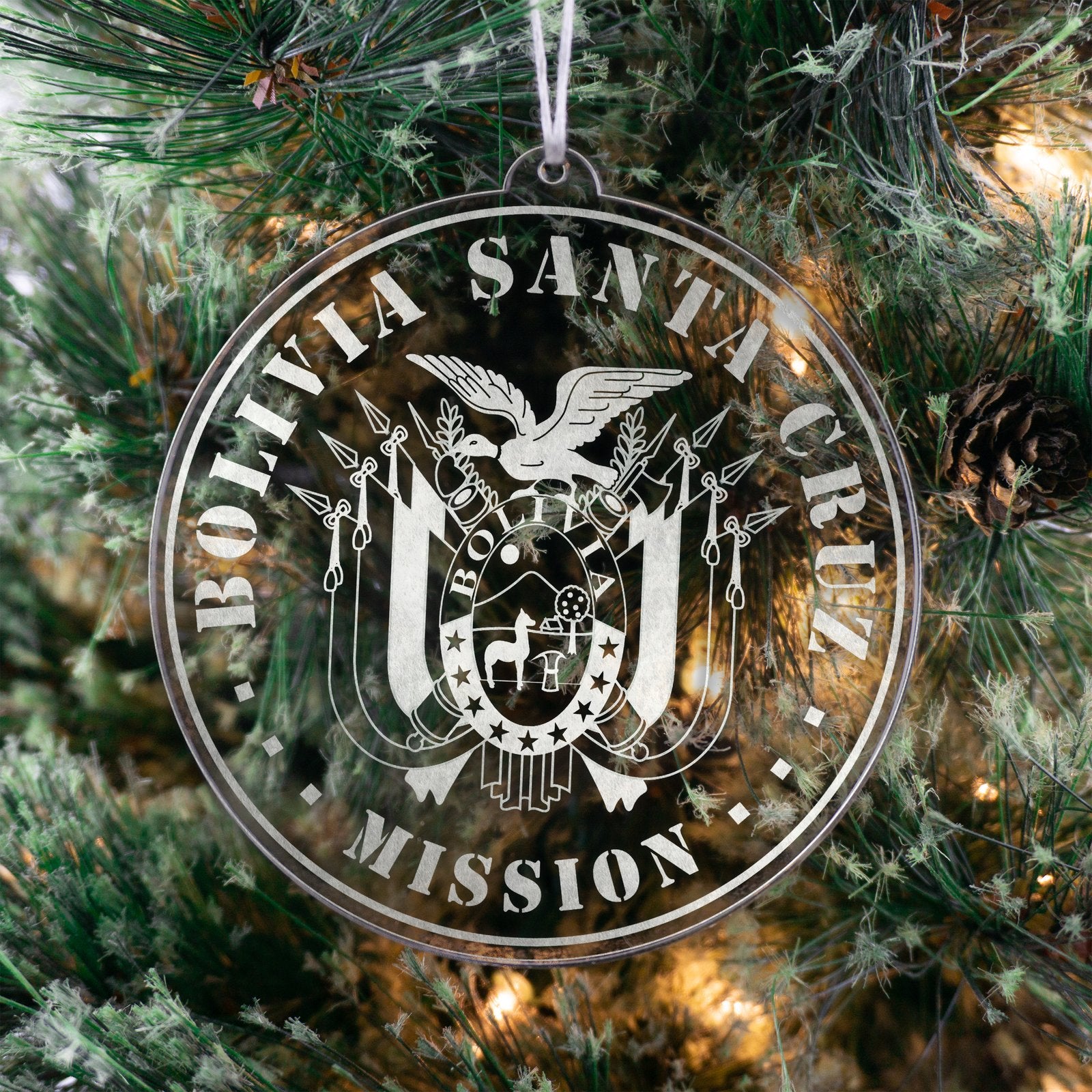 LDS Bolivia Santa Cruz Mission Christmas Ornament hanging on a Tree