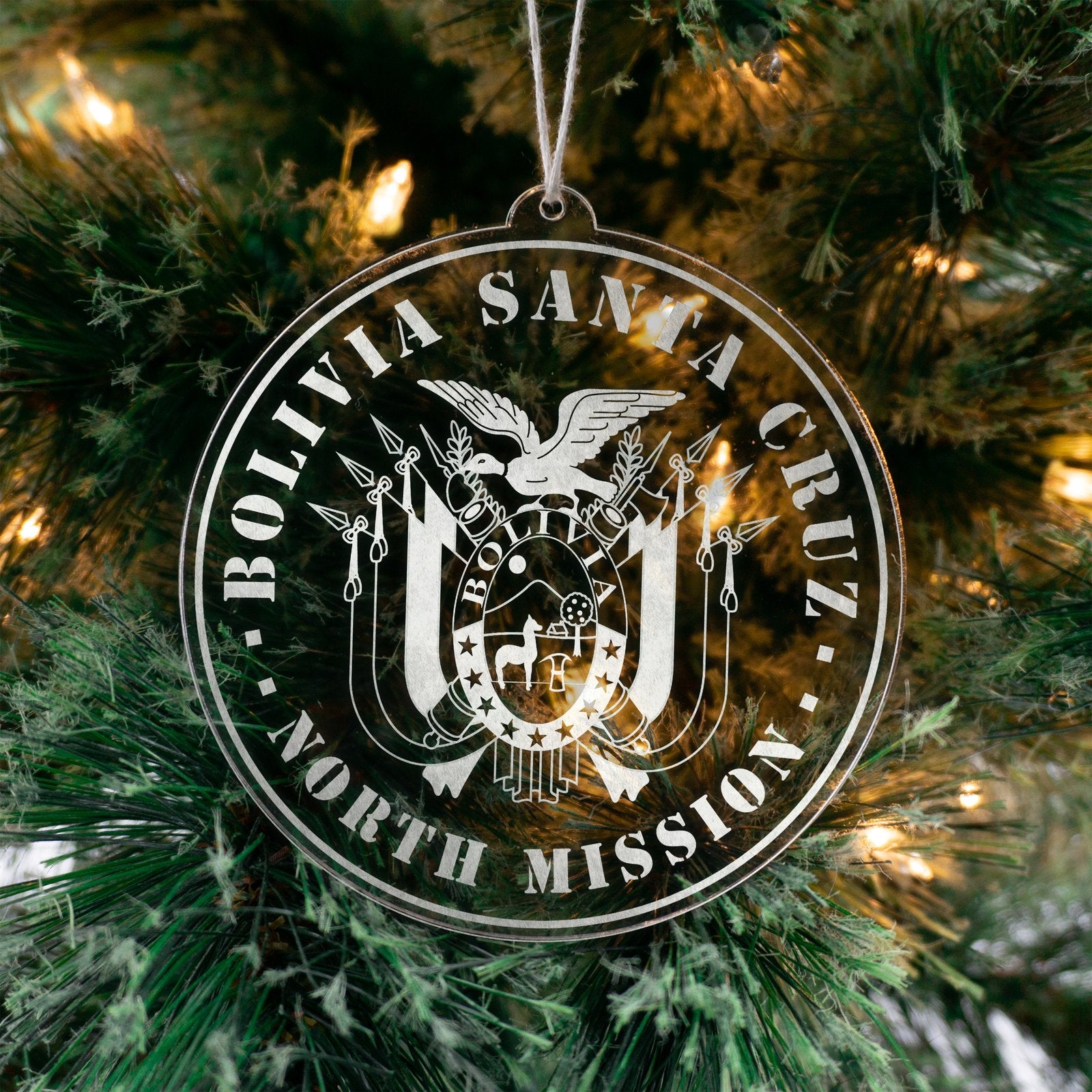LDS Bolivia Santa Cruz North Mission Christmas Ornament hanging on a Tree