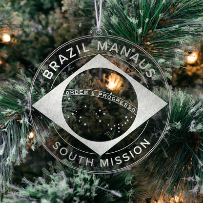 LDS Brazil Manaus South Mission Christmas Ornament hanging on a Tree