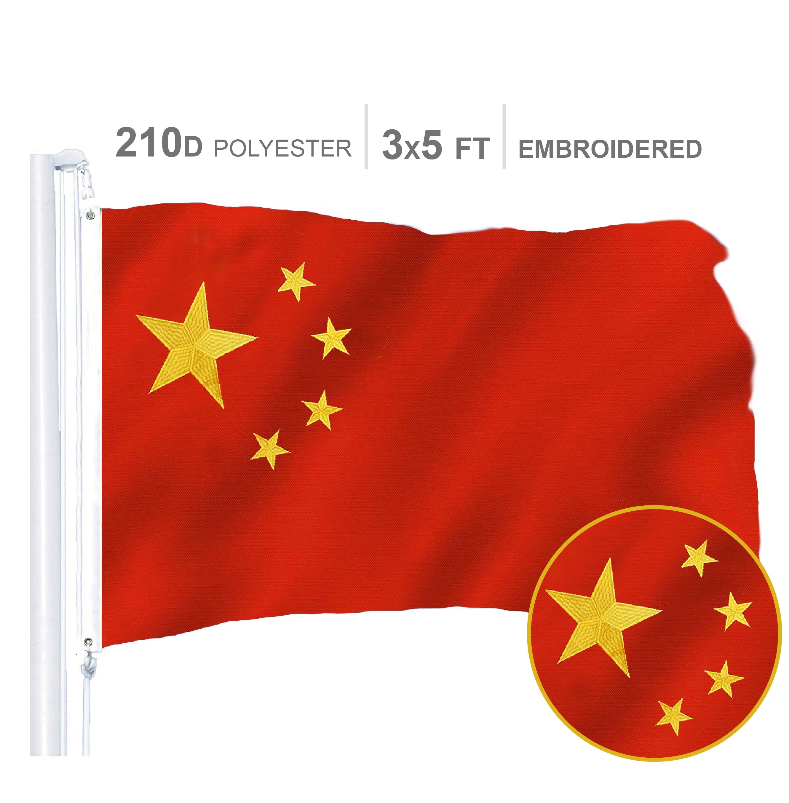 China (Chinese) Flag 300D Embroidered Polyester 3x5 Ft