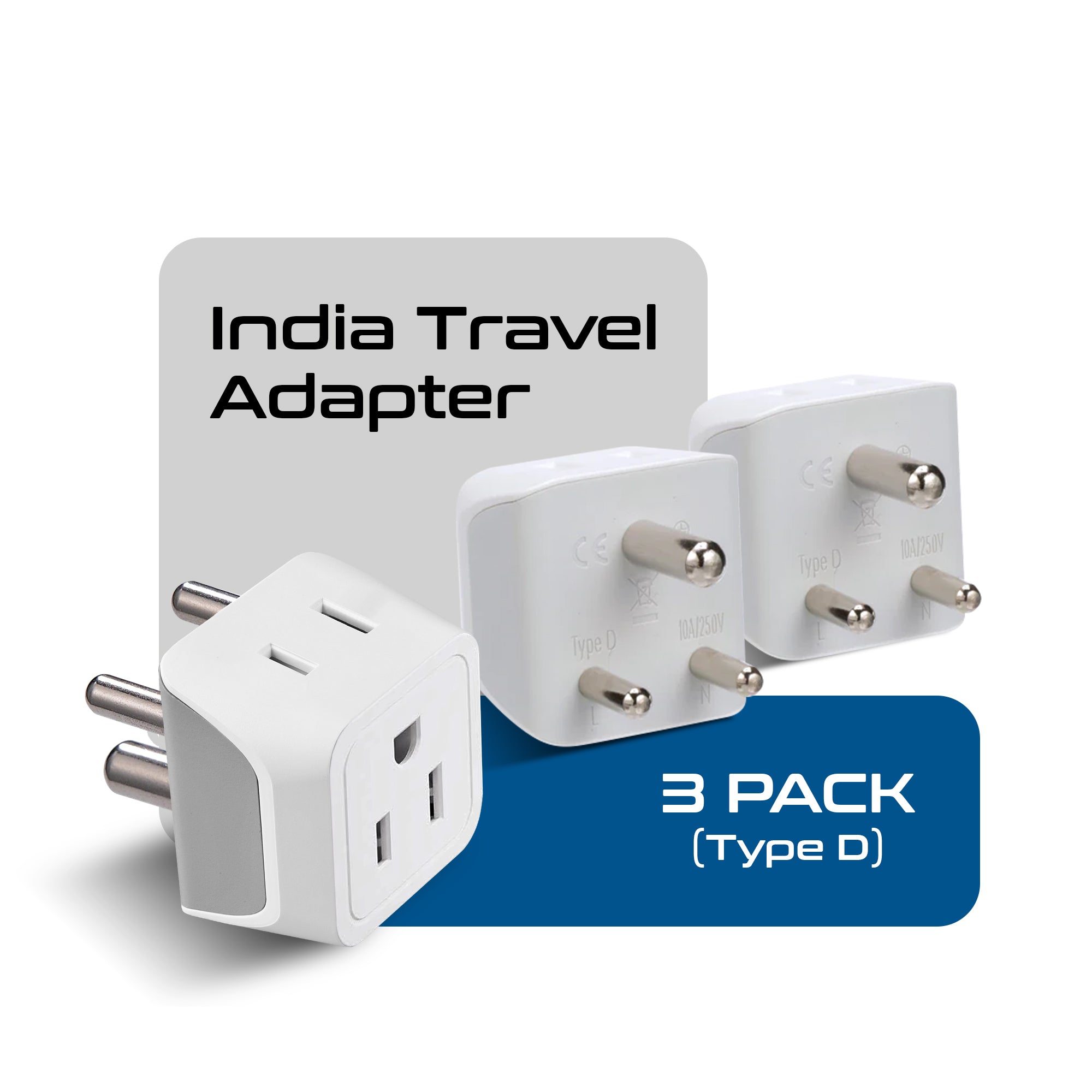 India Travel Adapter - Type D - Ultra Compact (CT-10, 3 Pack)