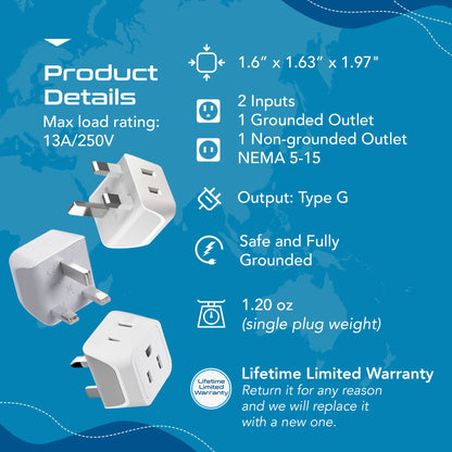 UK, England Travel Adapter - Type G - Ultra Compact (CT-7, 3 Pack)
