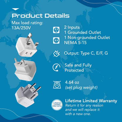 European Travel Adapter Set - Type E/F, G, C - 3pcs (CT-EU-SET)
