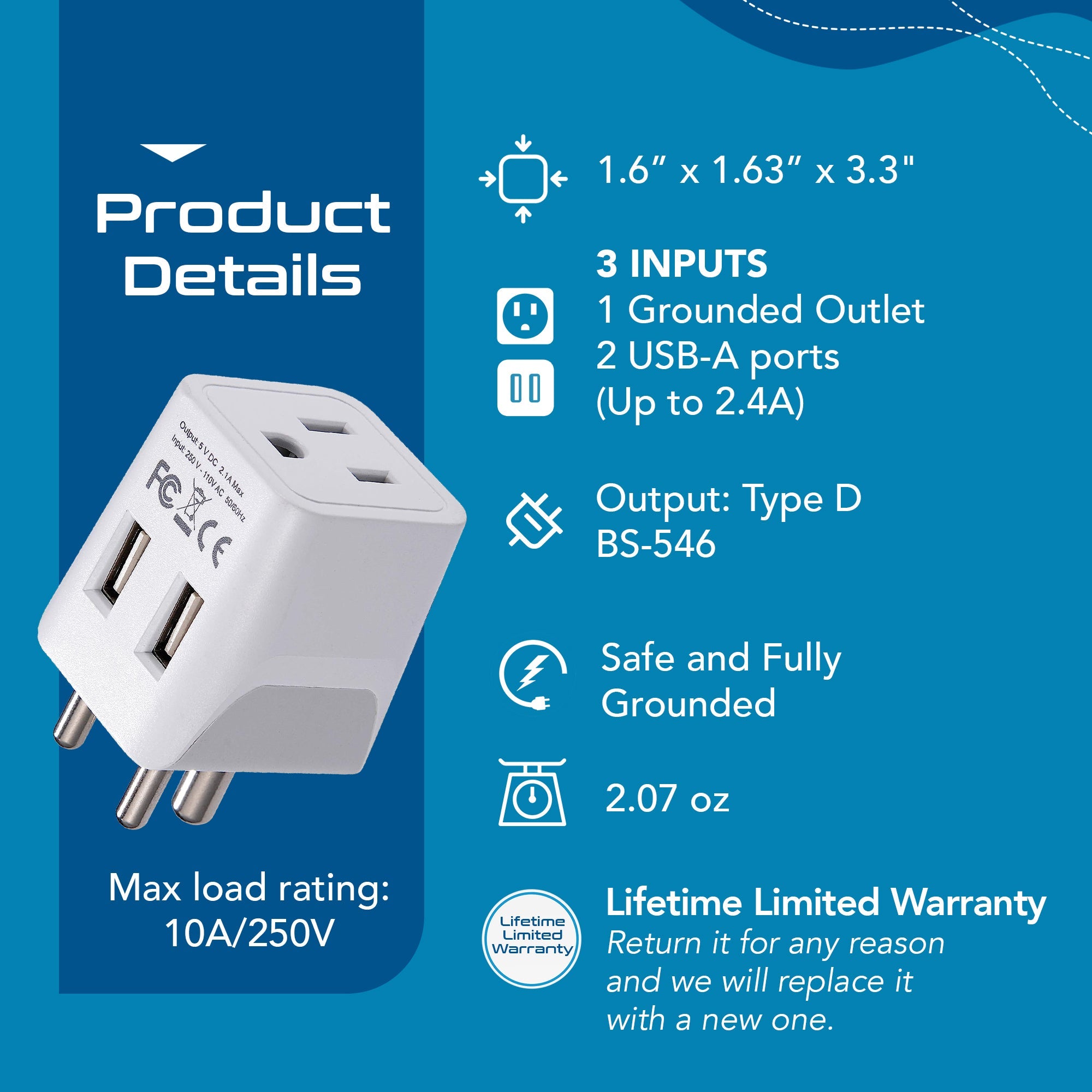India Travel Adapter - Type D - Dual USB (CTU-10)