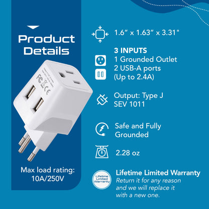 Switzerland Travel Adapter - Type J - Dual USB (CTU-11A)