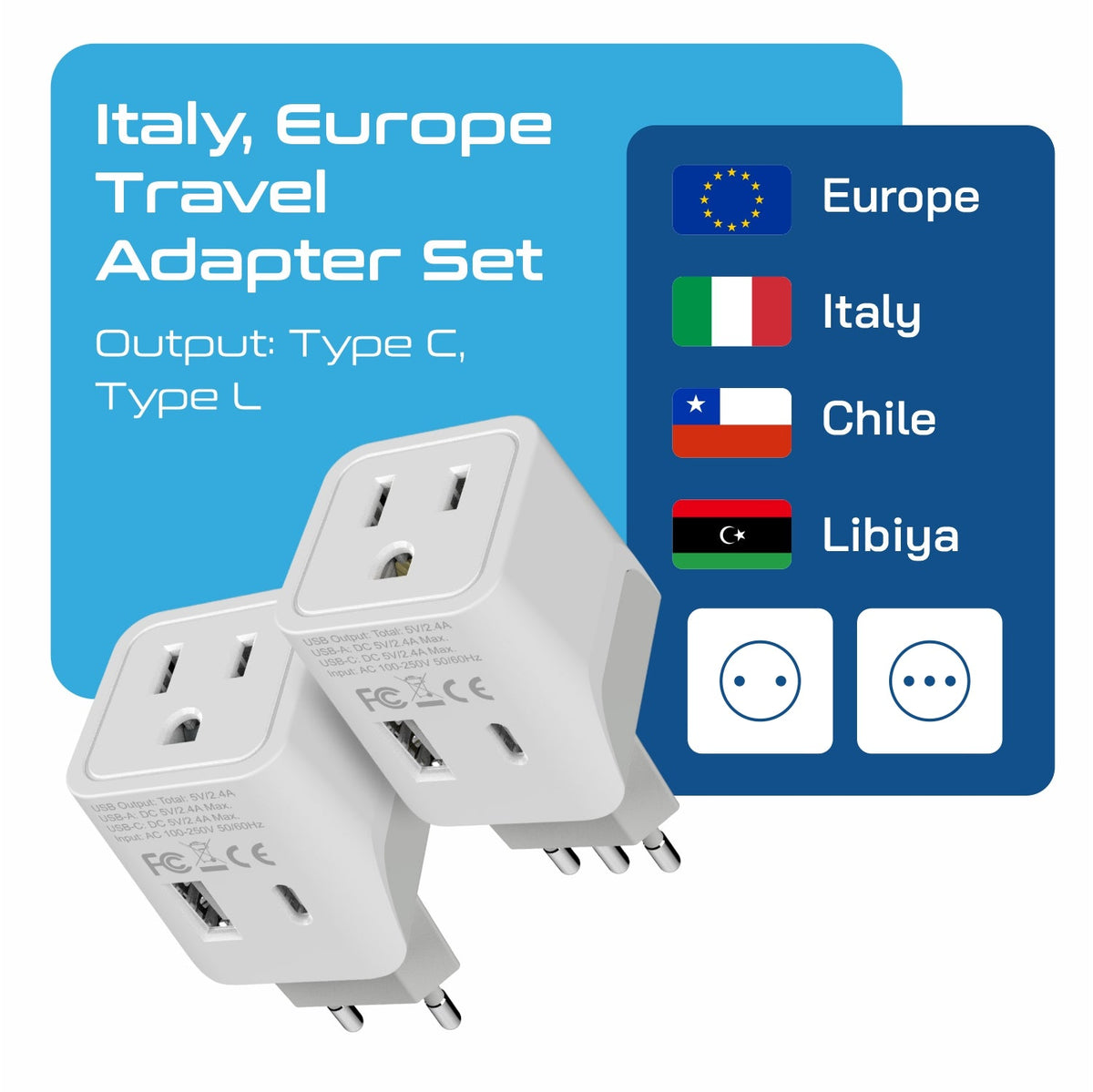 Italy Travel Adapter Plug Combo - Type C, L | USB-A + USB-C - Italian Combo (CTU-12-9C)