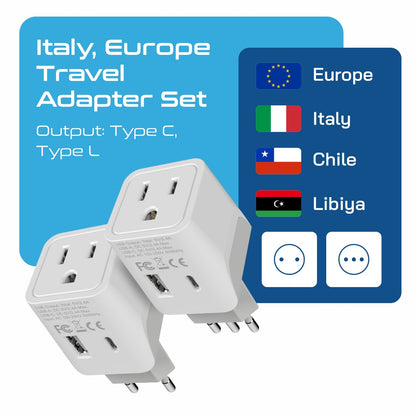 Italy Travel Adapter Plug Combo - Type C, L | USB-A + USB-C - Italian Combo (CTU-12-9C)