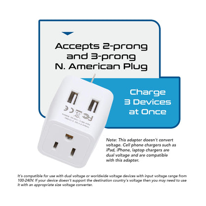 Australia, China Travel Adapter - Type I - Dual USB (CTU-16)