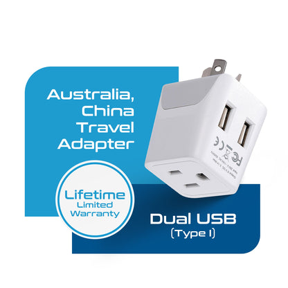 Australia, China Travel Adapter Plug with Dual USB - Type I - 2 Pack (CTU-16)
