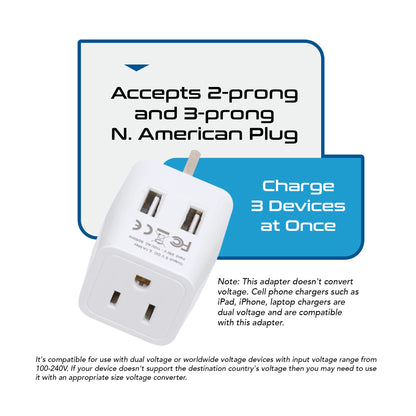 UK, England Travel Adapter Plug with Dual USB - Type G - 2 Pack (CTU-7)