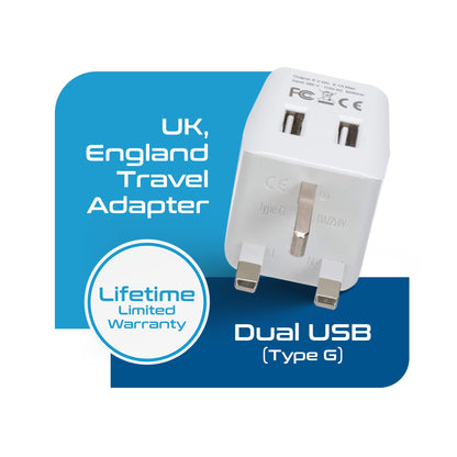 UK, England Travel Adapter Plug with Dual USB - Type G - 2 Pack (CTU-7)