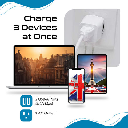 UK, England Travel Adapter Plug with Dual USB - Type G - 2 Pack (CTU-7)