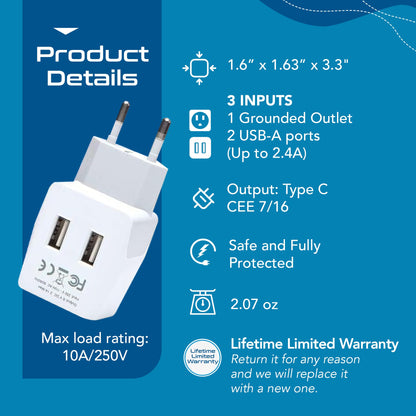 India Travel Adapter Plug Combo - Type C, D | Dual USB - Indian Combo (CTU-9C-10)