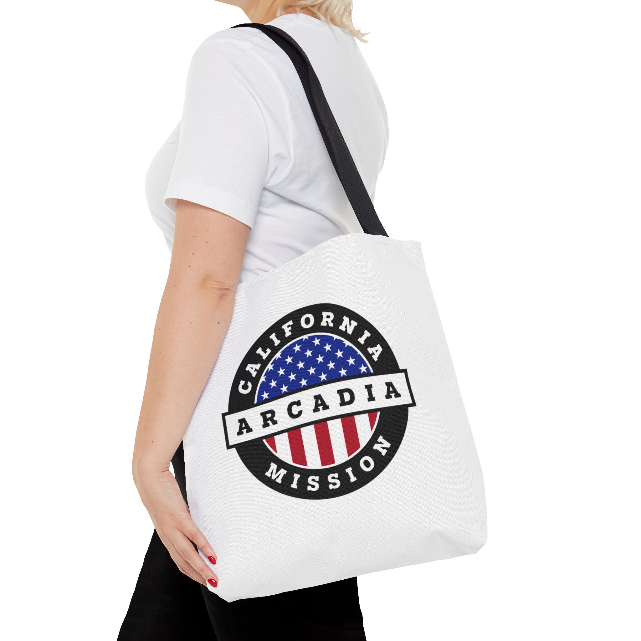 California Arcadia Mission USA Flag Logo Tote Bag White - Latter-Day Saint LDS Missionary Gift - Book of Mormon