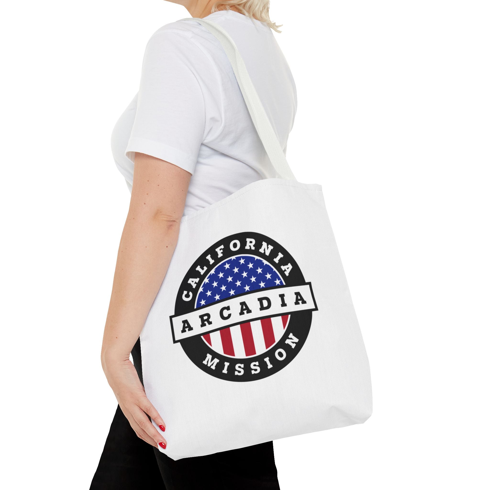 California Arcadia Mission USA Flag Logo Tote Bag White - Latter-Day Saint LDS Missionary Gift - Book of Mormon