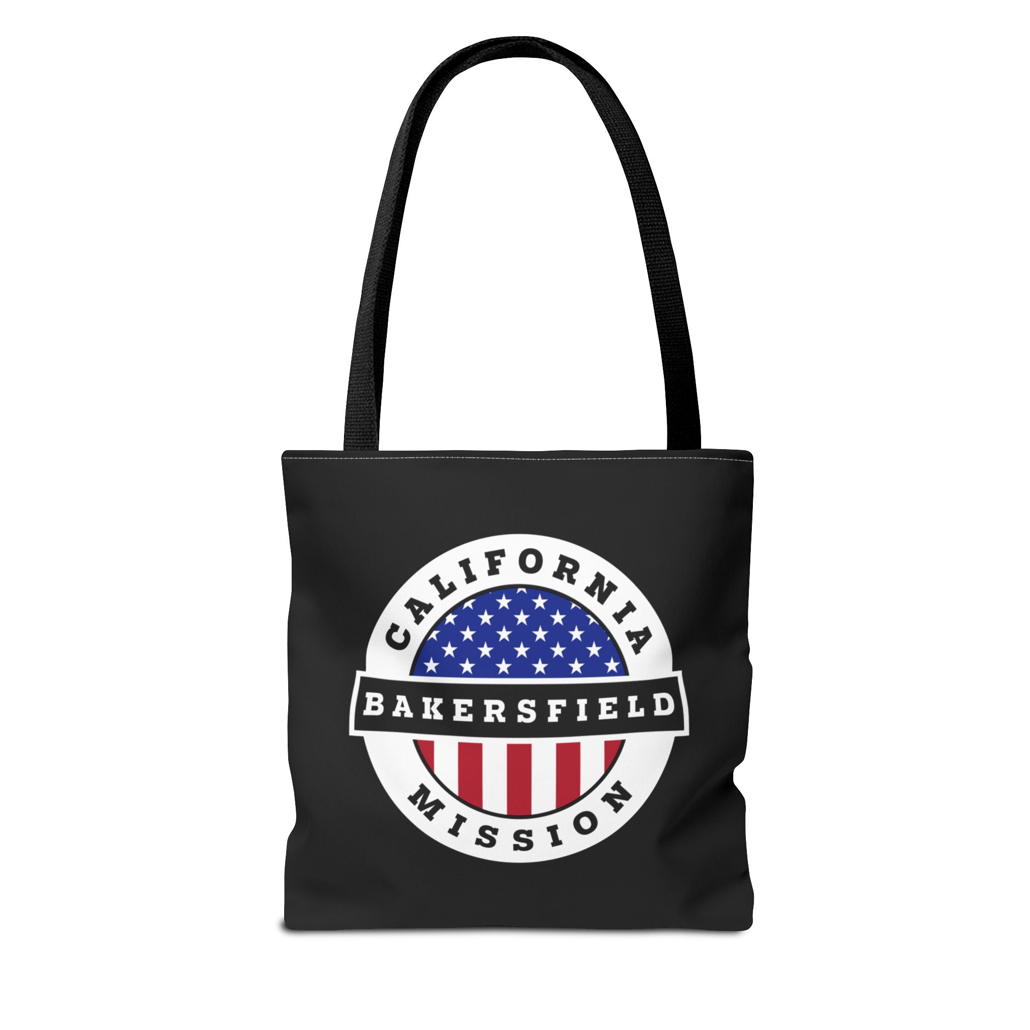 California Bakersfield Mission USA Flag Logo Tote Bag Black - Latter-Day Saint LDS Missionary Gift - Book of Mormon