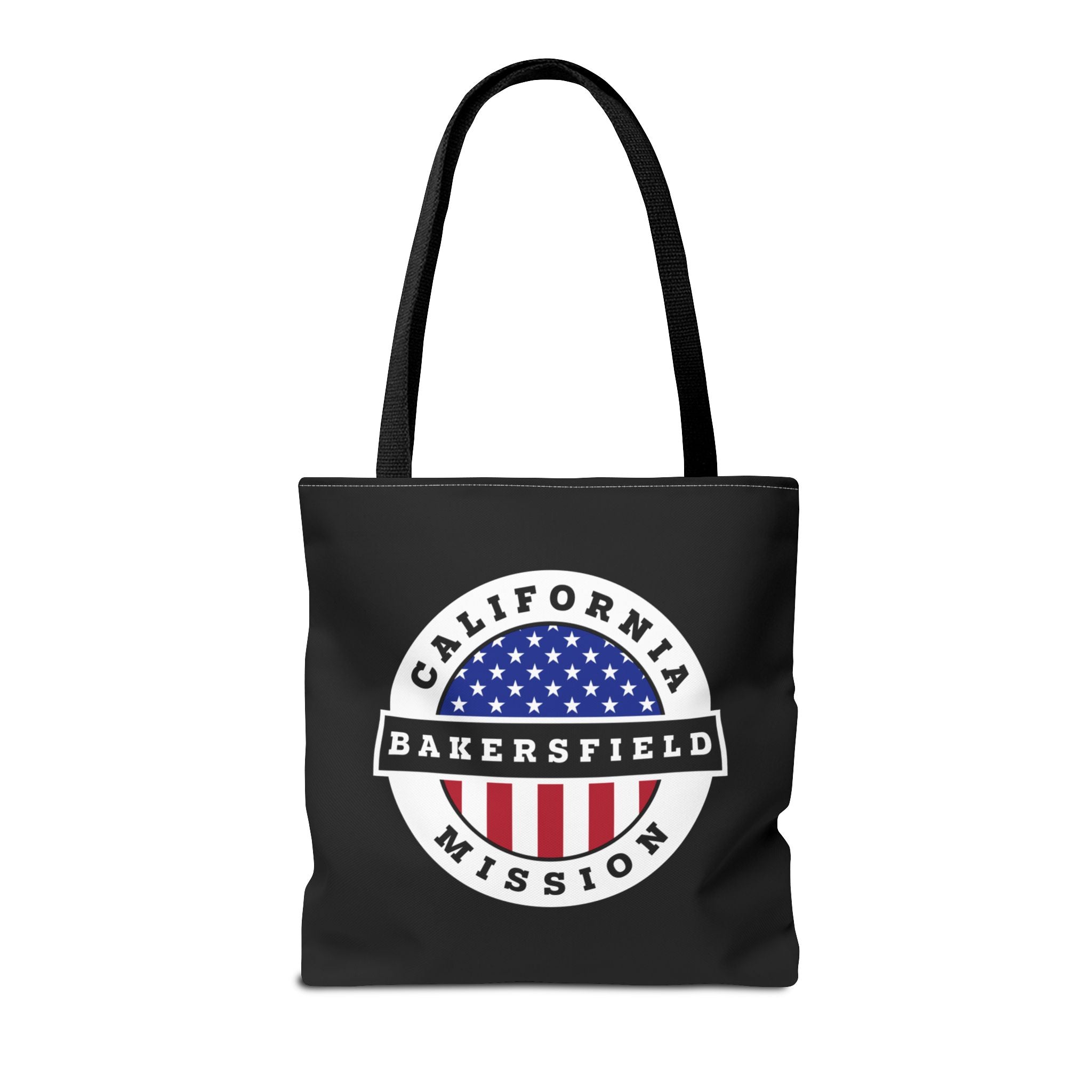 California Bakersfield Mission USA Flag Logo Tote Bag Black - Latter-Day Saint LDS Missionary Gift - Book of Mormon