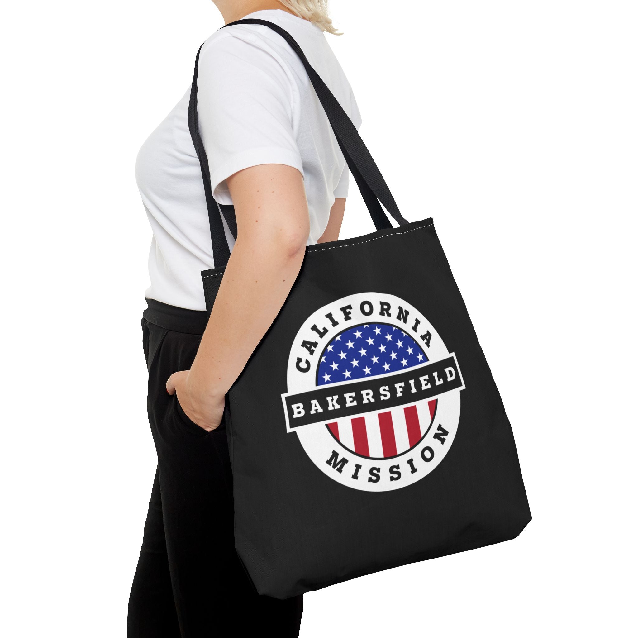 California Bakersfield Mission USA Flag Logo Tote Bag Black - Latter-Day Saint LDS Missionary Gift - Book of Mormon