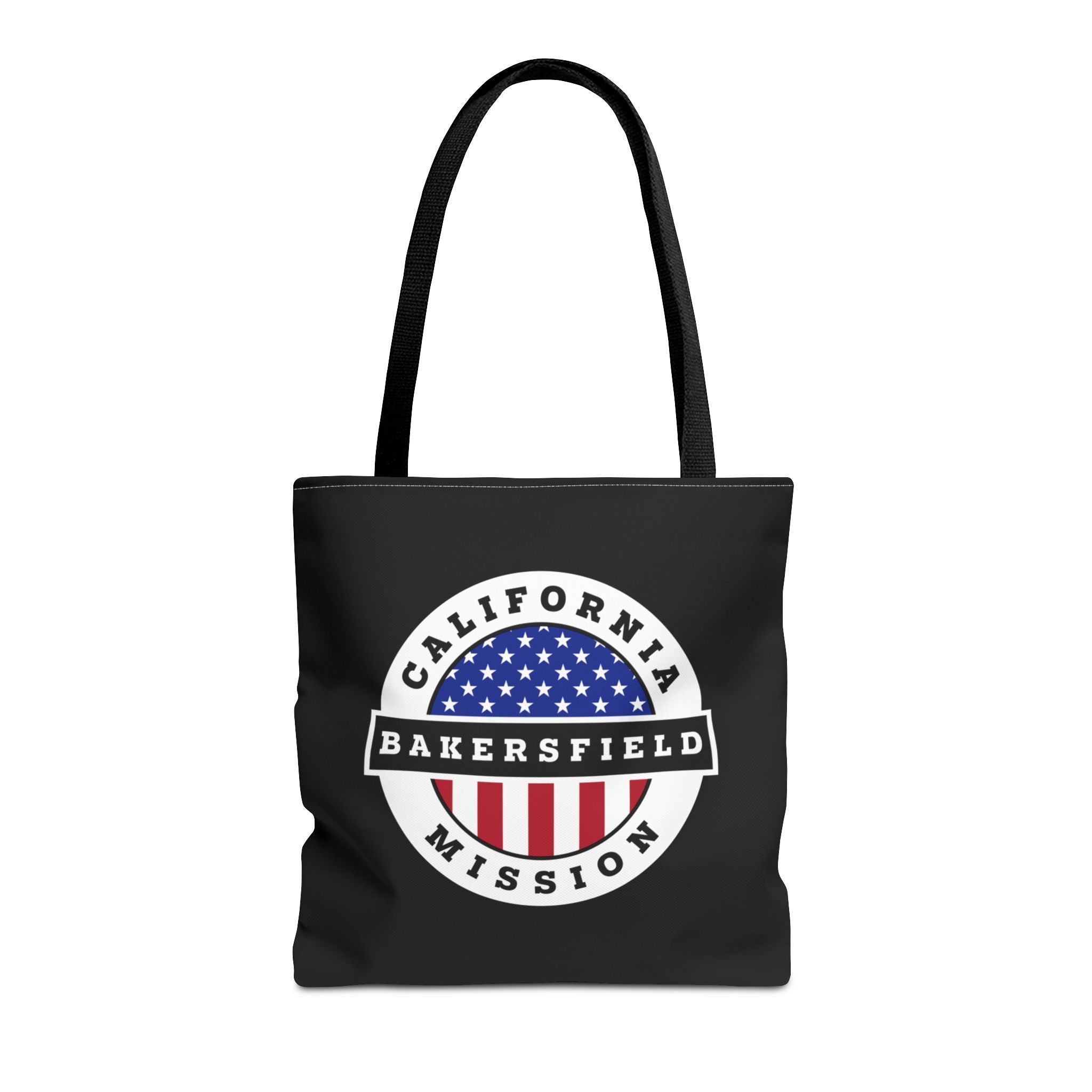 California Bakersfield Mission USA Flag Logo Tote Bag Black - Latter-Day Saint LDS Missionary Gift - Book of Mormon