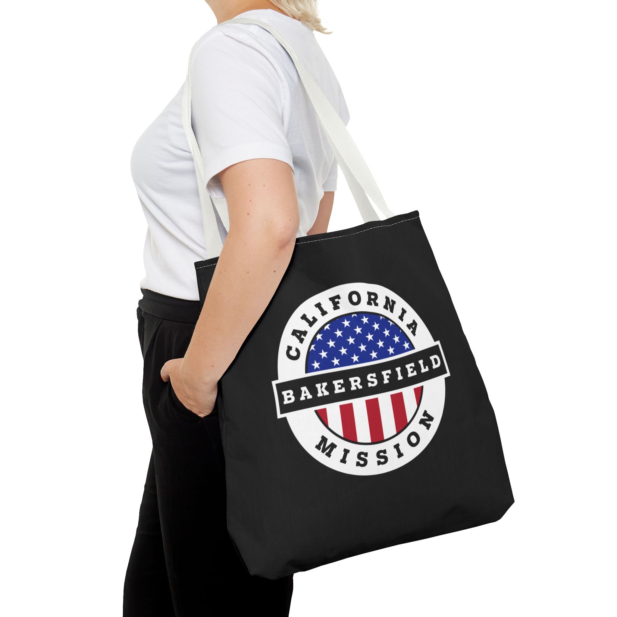 California Bakersfield Mission USA Flag Logo Tote Bag Black - Latter-Day Saint LDS Missionary Gift - Book of Mormon