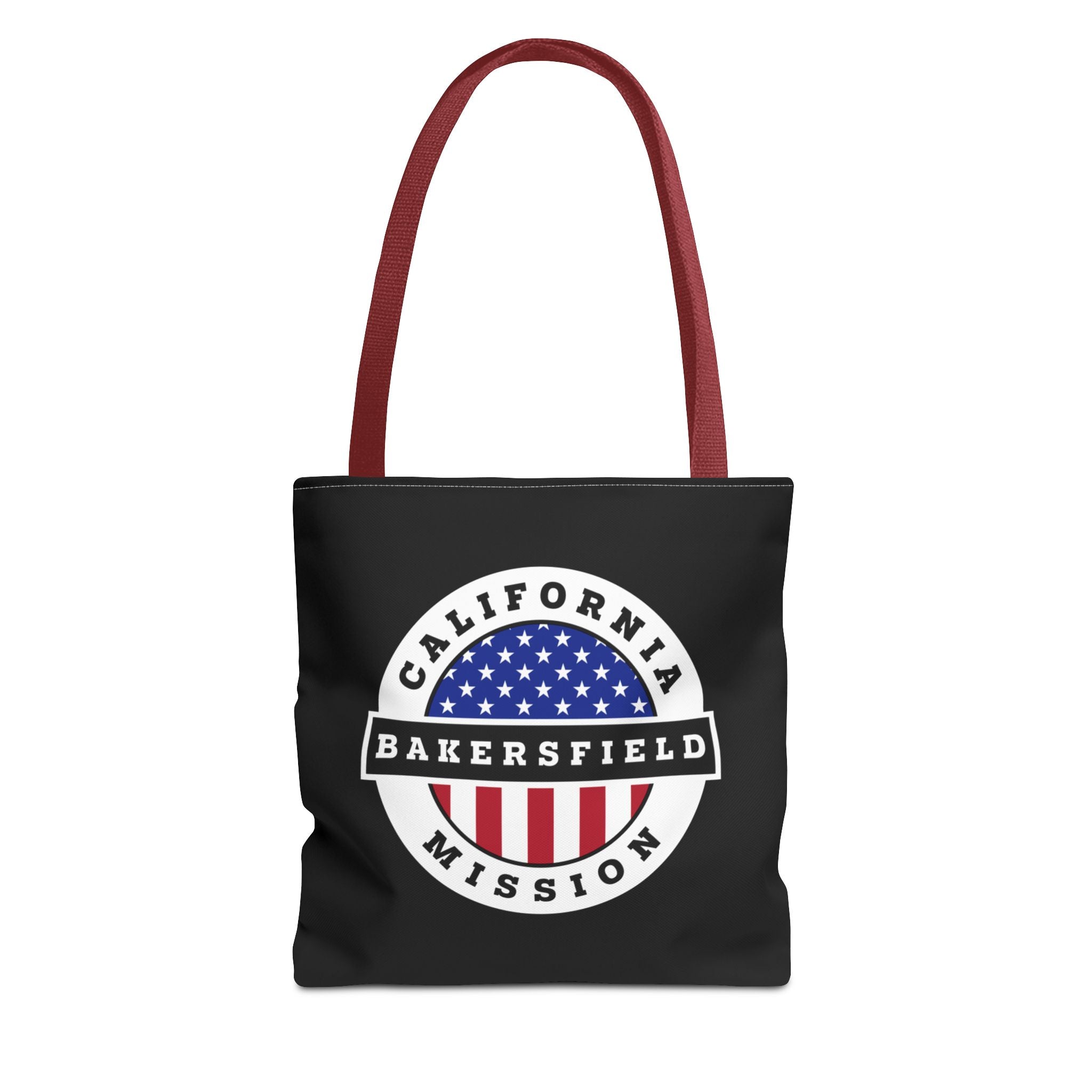 California Bakersfield Mission USA Flag Logo Tote Bag Black - Latter-Day Saint LDS Missionary Gift - Book of Mormon