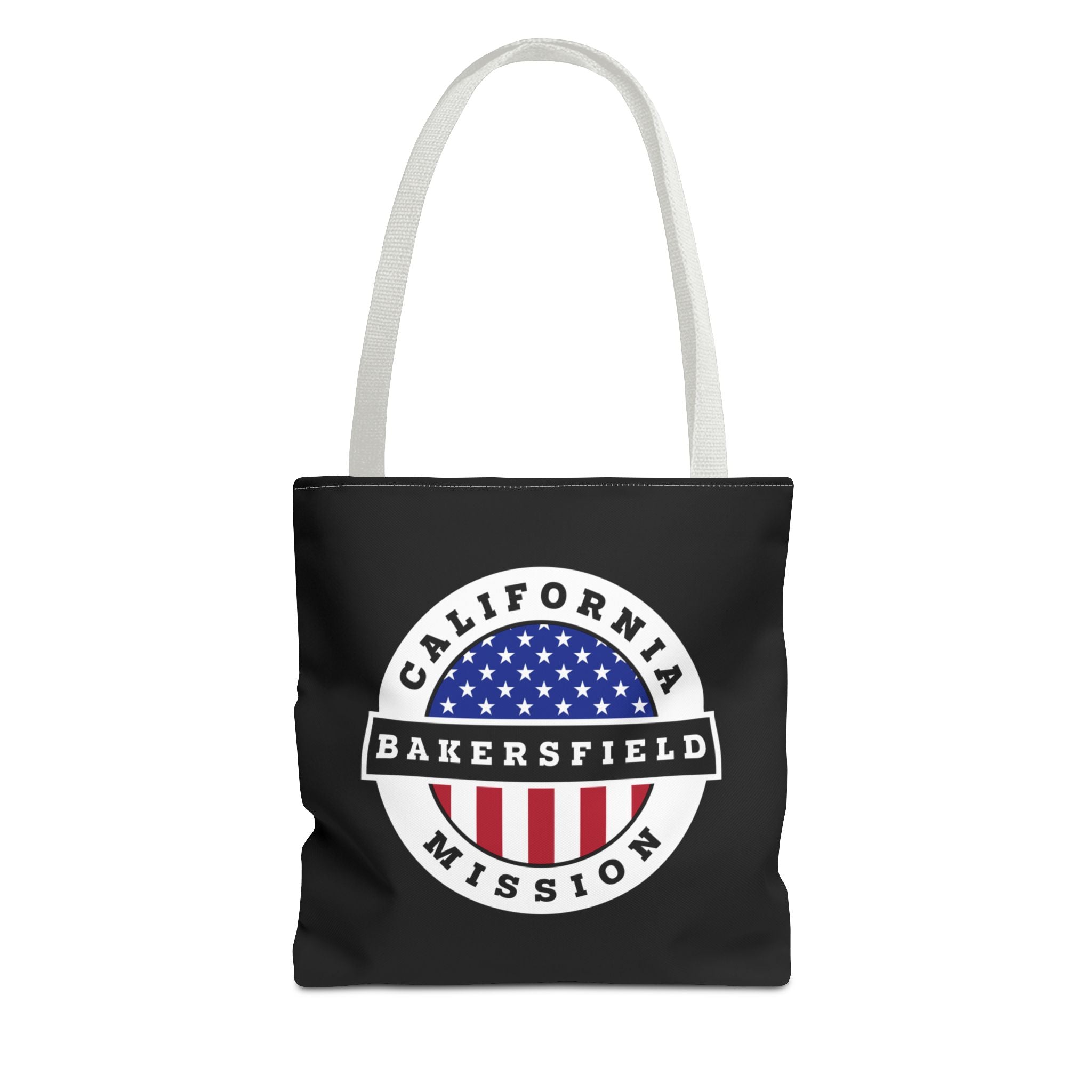 California Bakersfield Mission USA Flag Logo Tote Bag Black - Latter-Day Saint LDS Missionary Gift - Book of Mormon