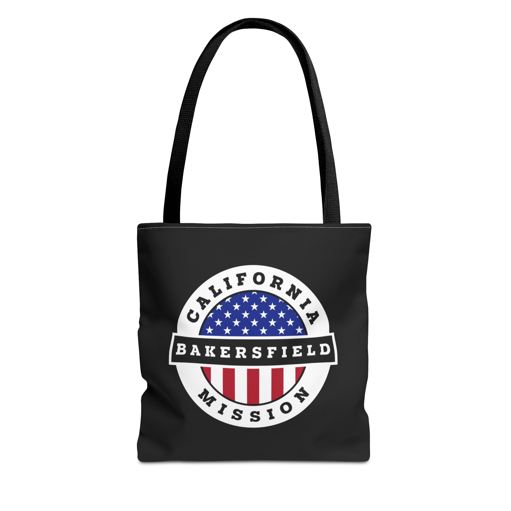 California Bakersfield Mission USA Flag Logo Tote Bag Black - Latter-Day Saint LDS Missionary Gift - Book of Mormon