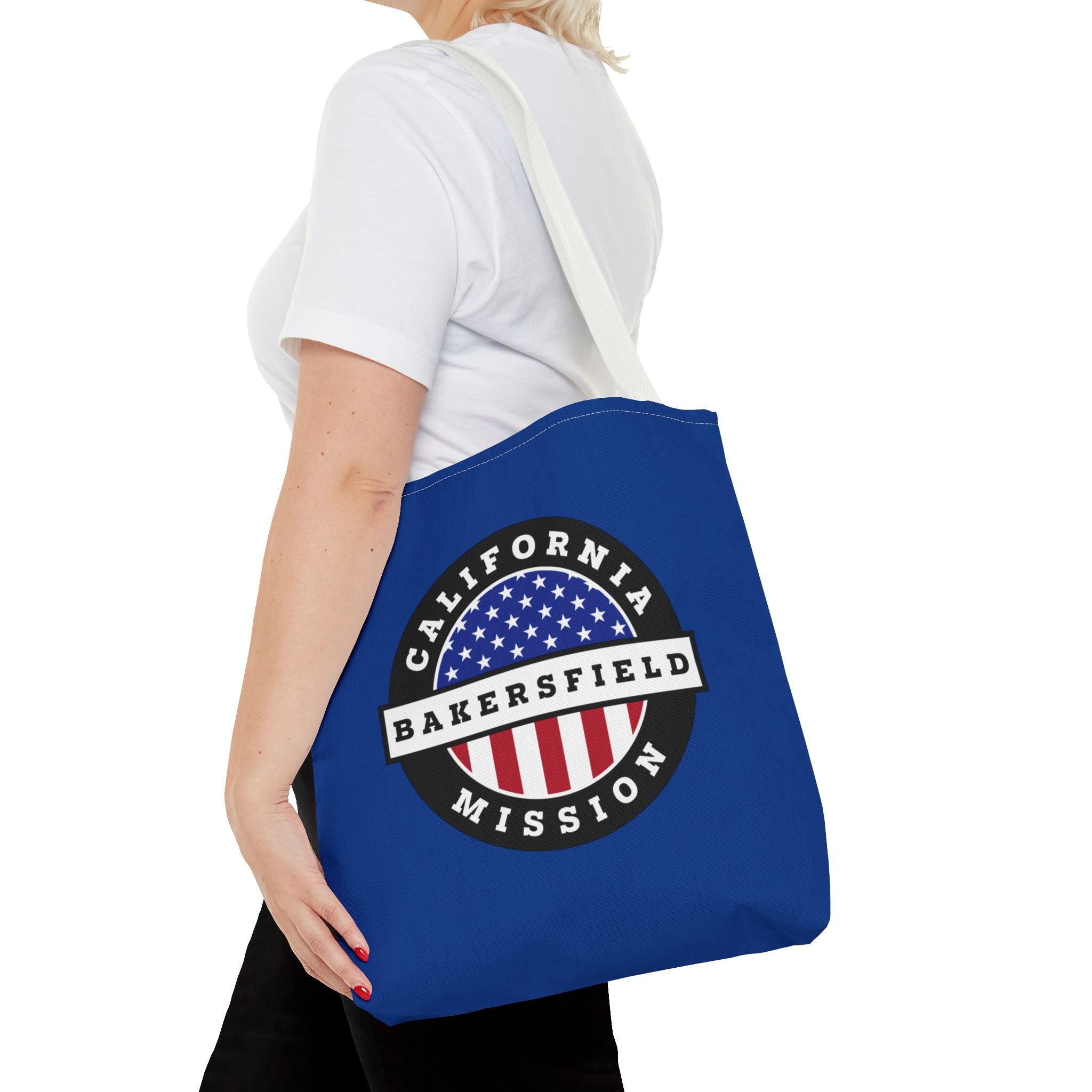 California Bakersfield Mission USA Flag Logo Tote Bag Blue - Latter-Day Saint LDS Missionary Gift - Book of Mormon