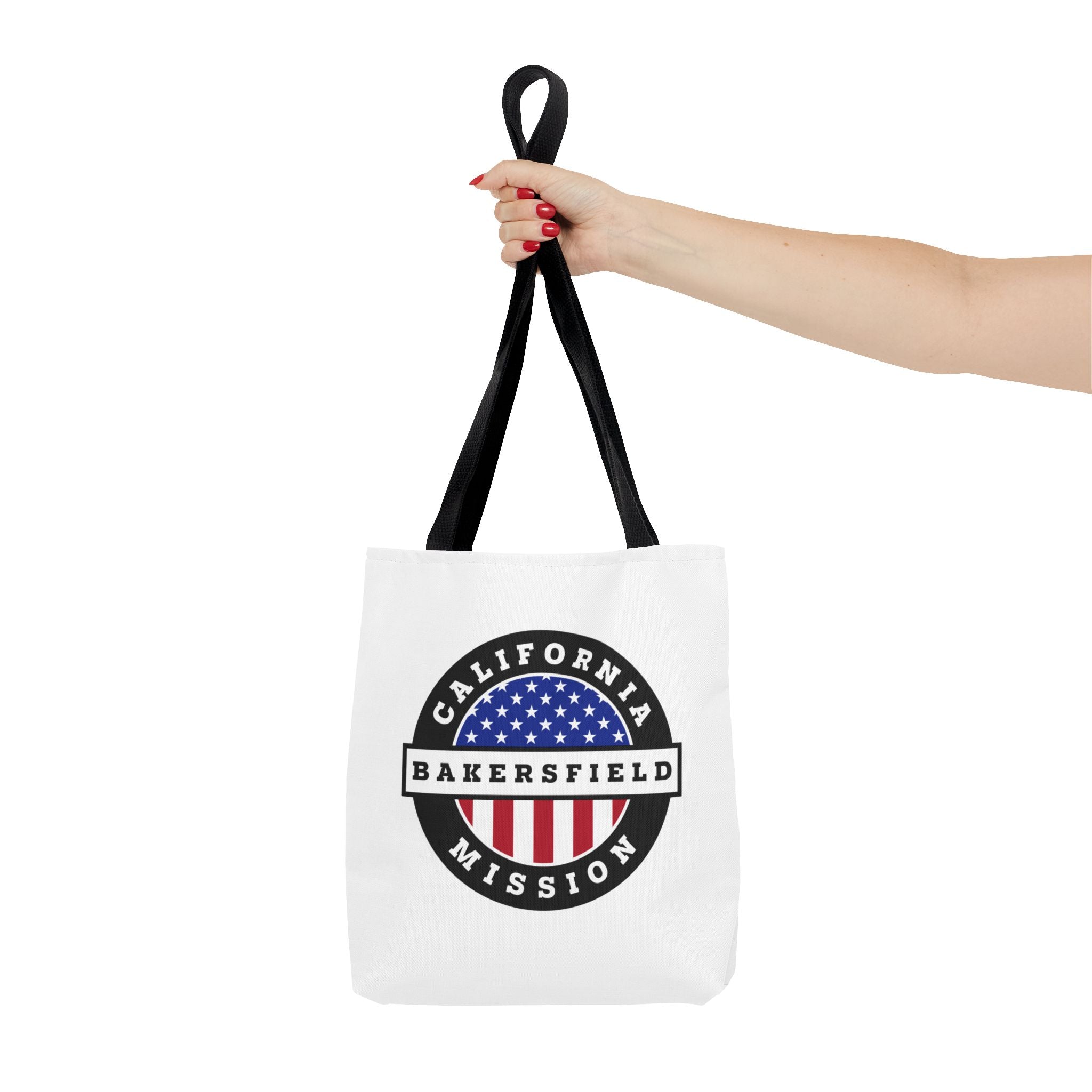 California Bakersfield Mission USA Flag Logo Tote Bag White - Latter-Day Saint LDS Missionary Gift - Book of Mormon