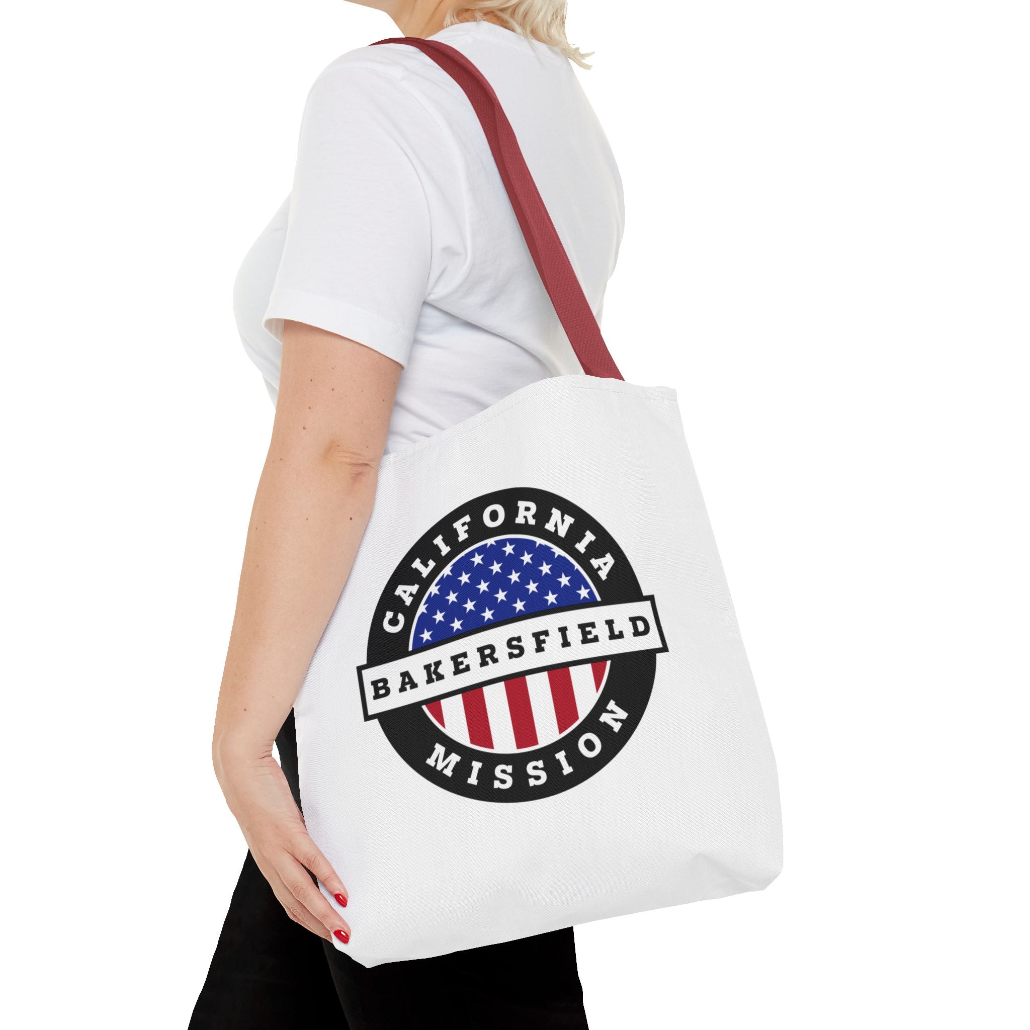 California Bakersfield Mission USA Flag Logo Tote Bag White - Latter-Day Saint LDS Missionary Gift - Book of Mormon