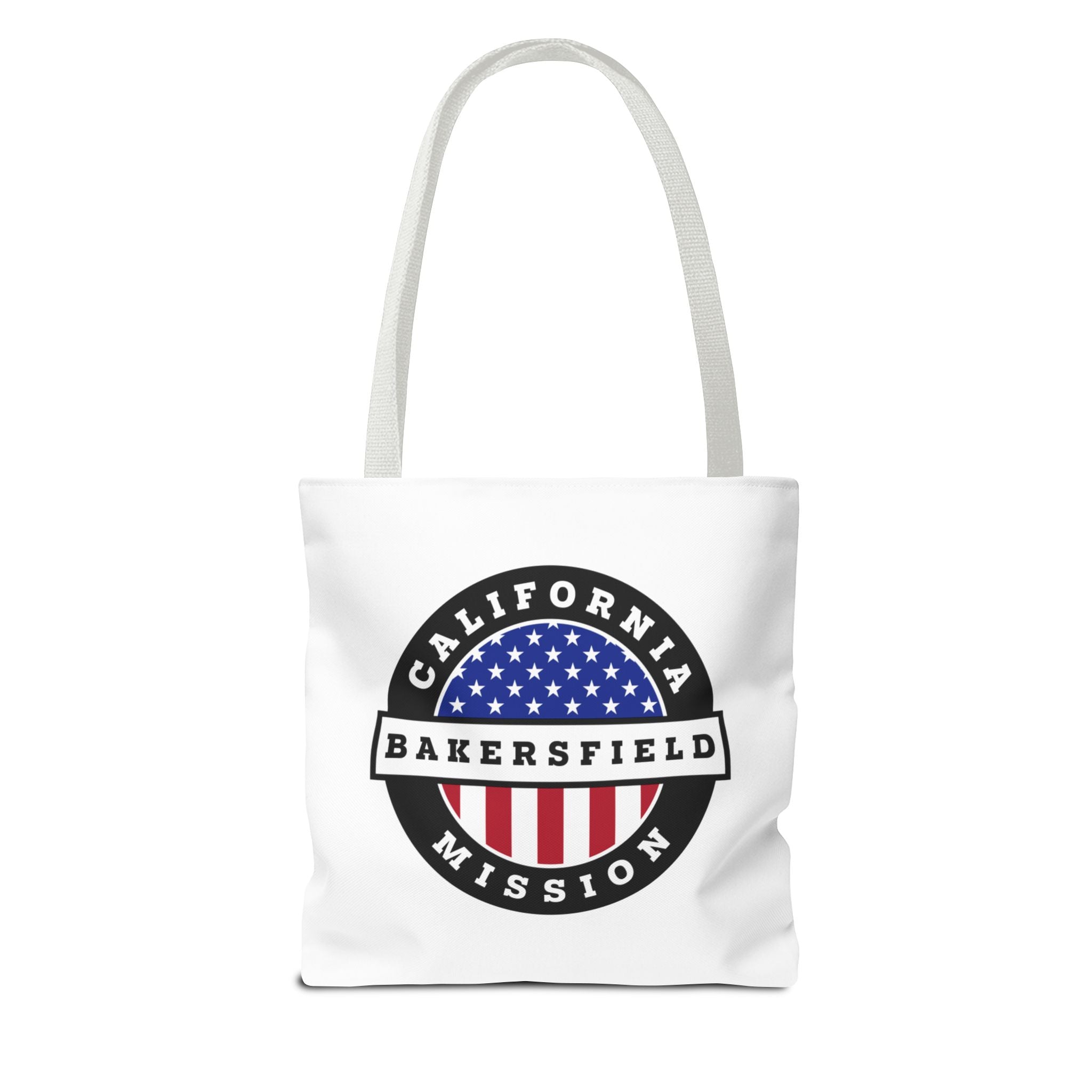 California Bakersfield Mission USA Flag Logo Tote Bag White - Latter-Day Saint LDS Missionary Gift - Book of Mormon