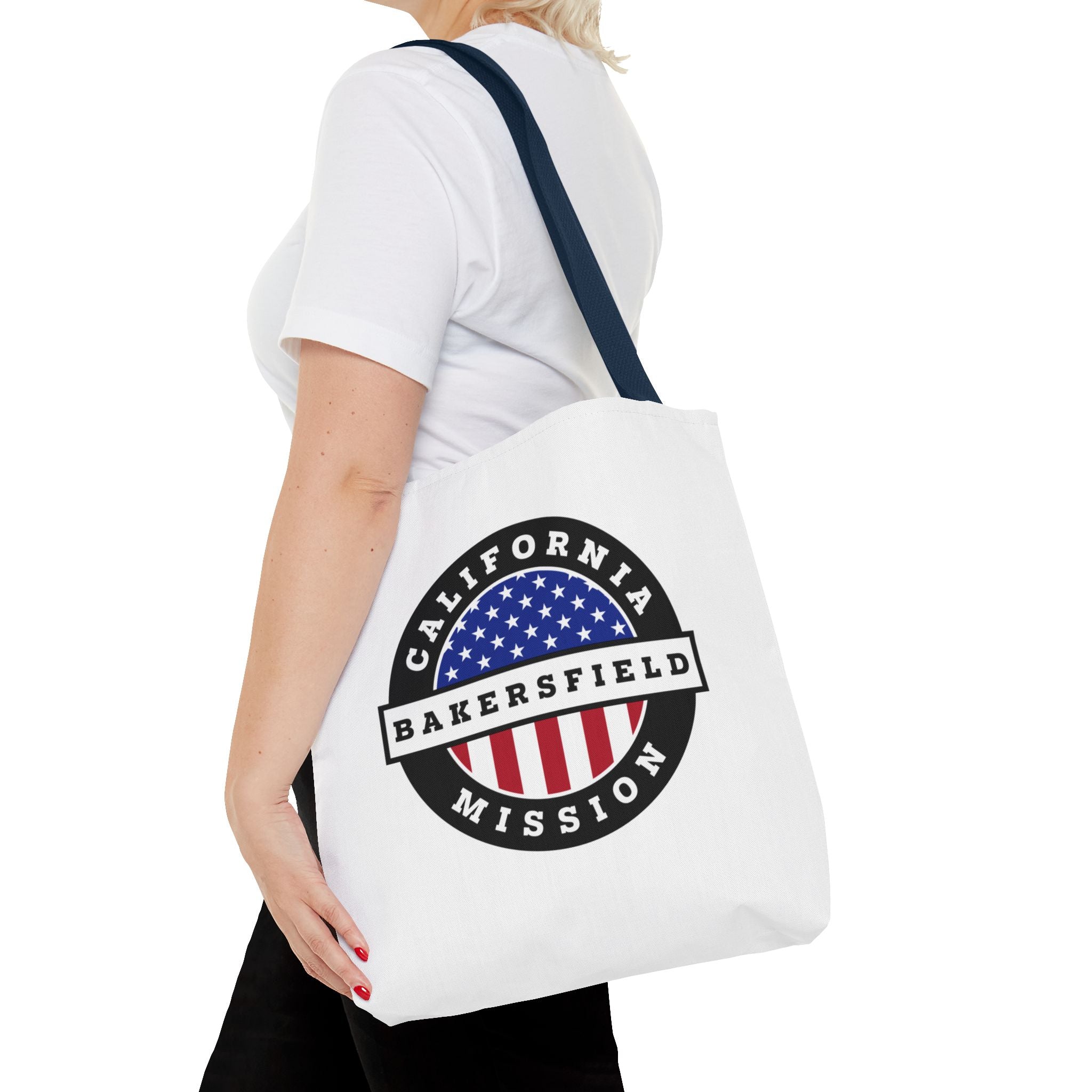 California Bakersfield Mission USA Flag Logo Tote Bag White - Latter-Day Saint LDS Missionary Gift - Book of Mormon