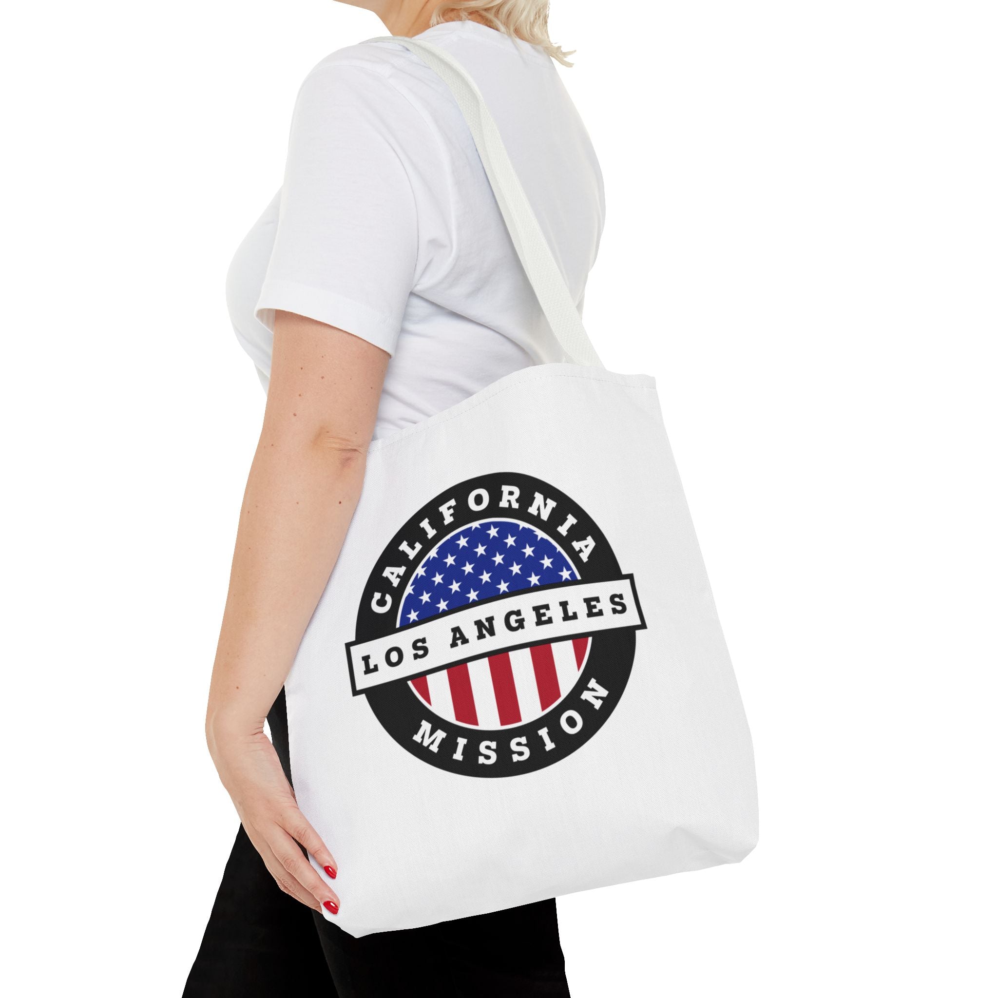 California Los Angeles Mission USA Flag Logo Tote Bag White - Latter-Day Saint LDS Missionary Gift - Book of Mormon