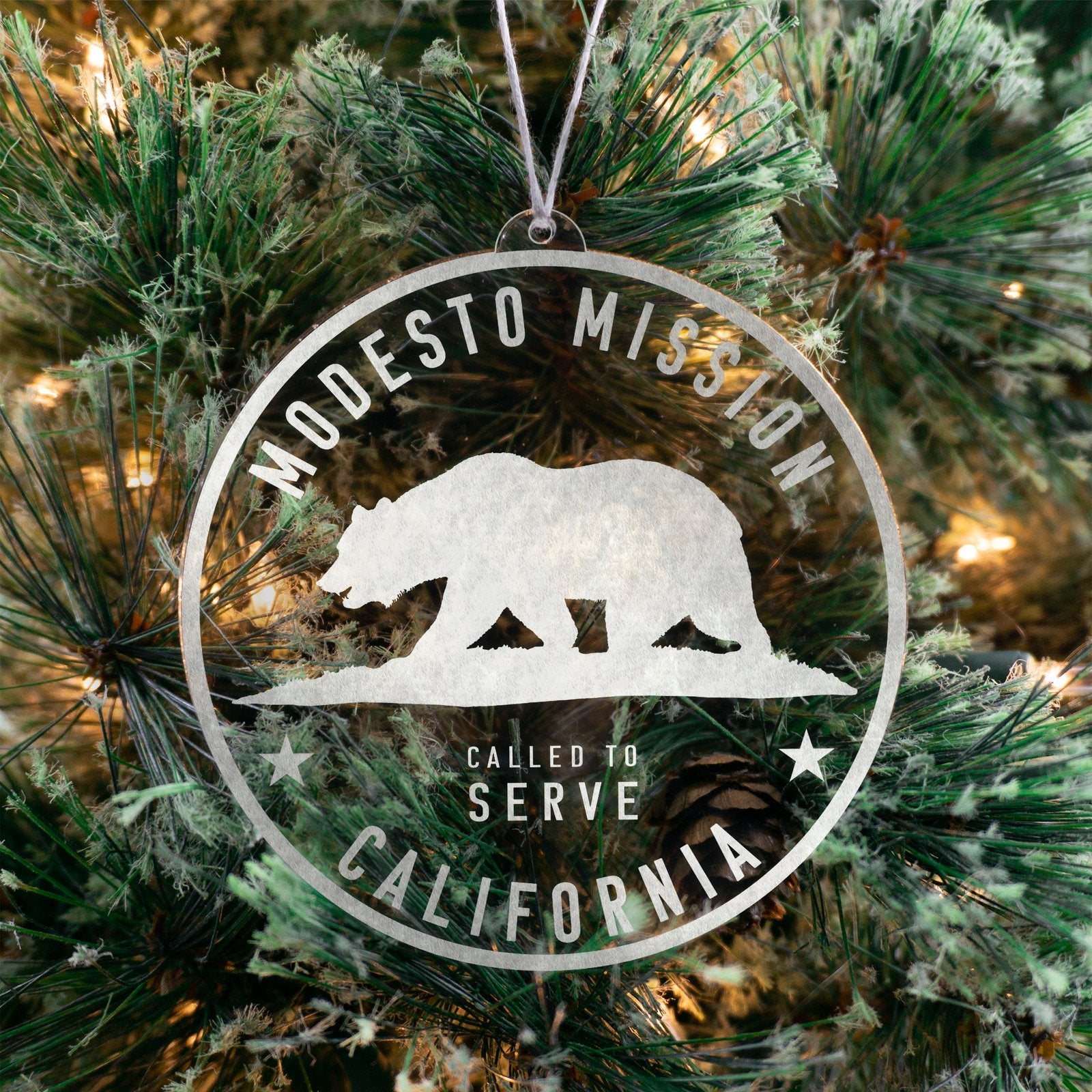 LDS California Modesto Mission Christmas Ornament hanging on a Tree