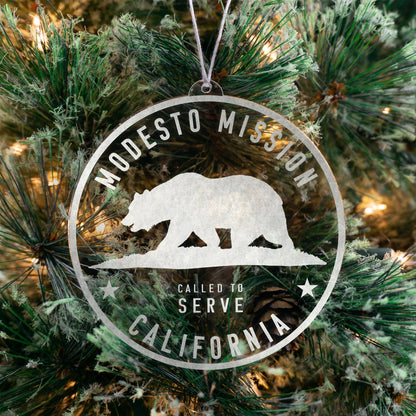 LDS California Modesto Mission Christmas Ornament hanging on a Tree