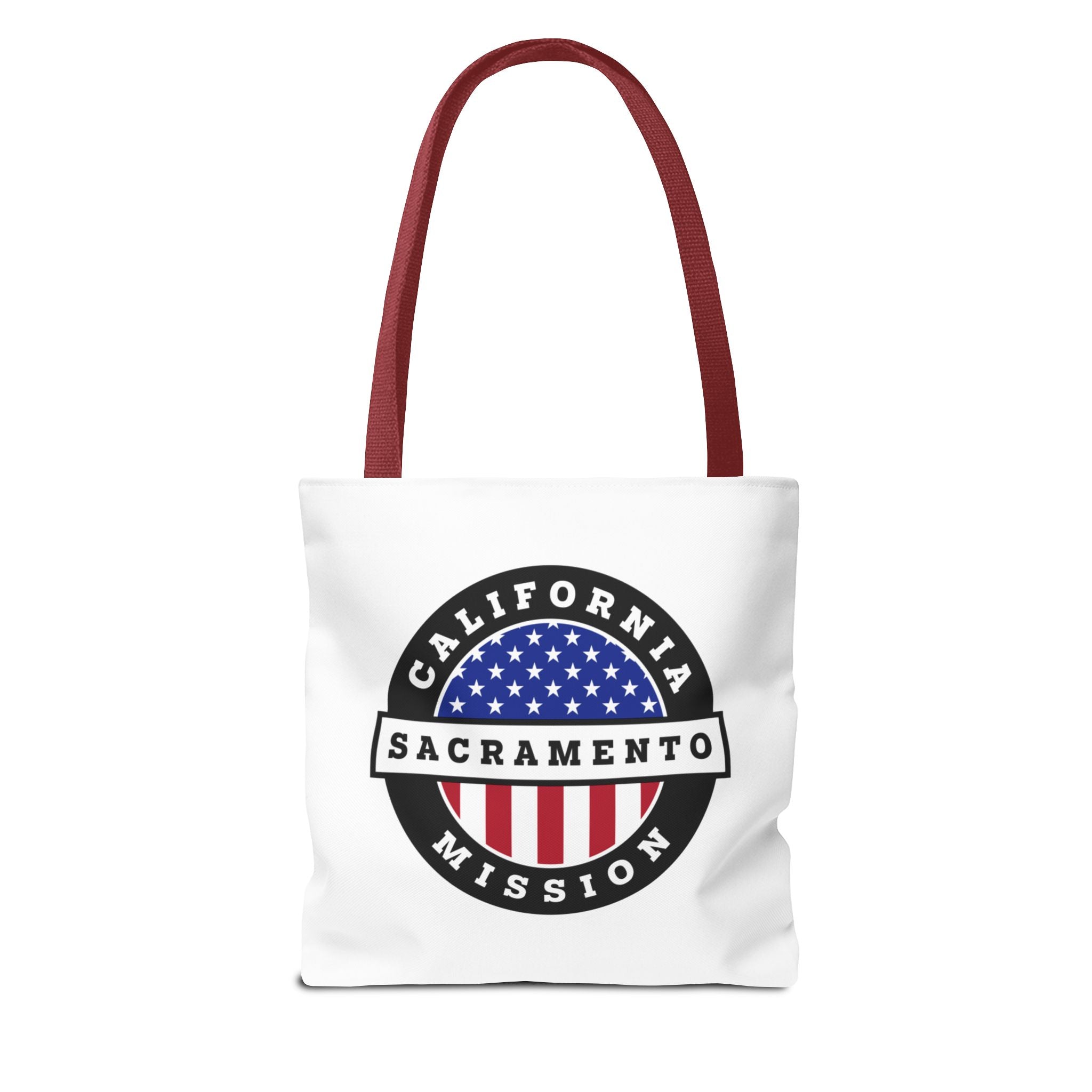 California Sacramento Mission USA Flag Logo Tote Bag White - Latter-Day Saint LDS Missionary Gift - Book of Mormon