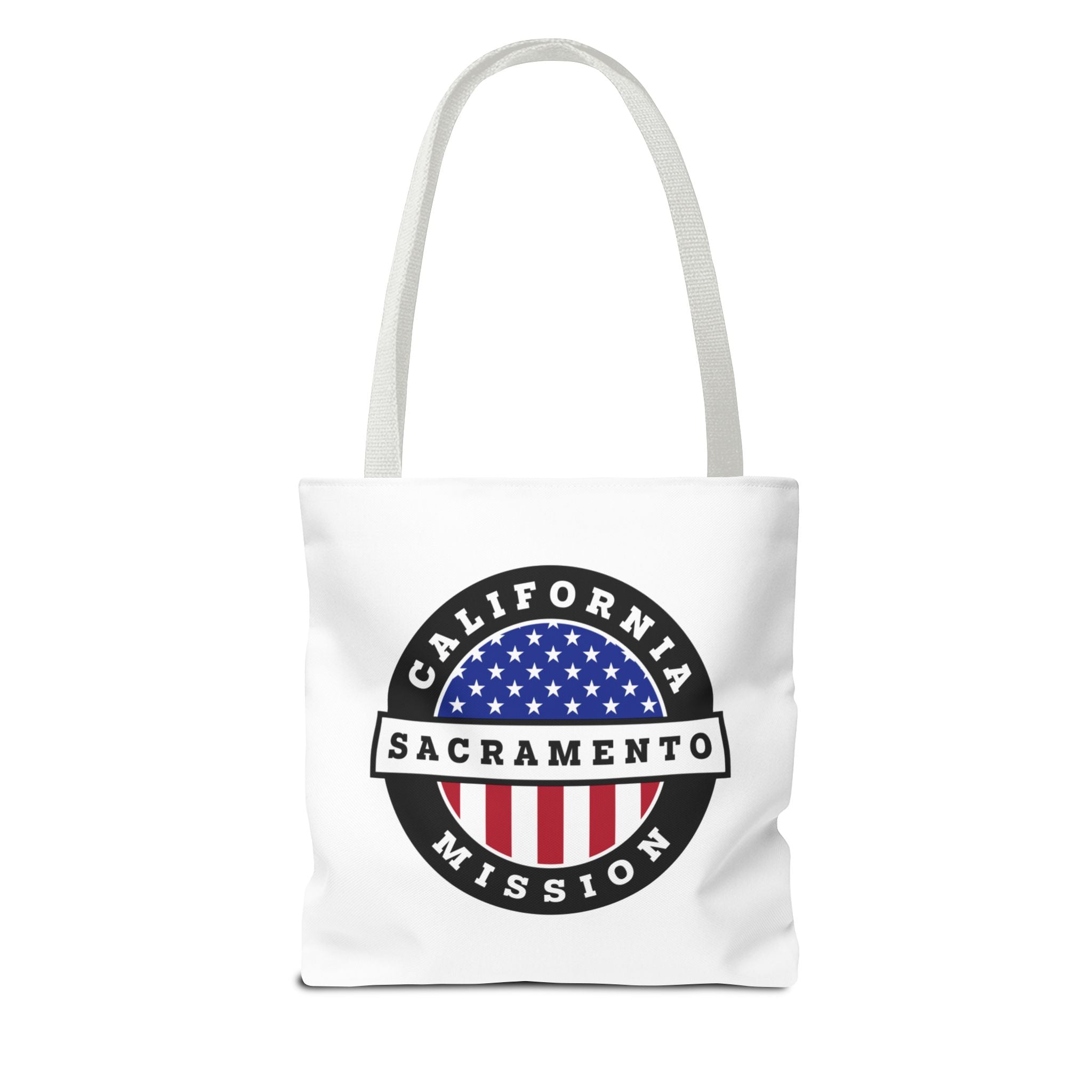 California Sacramento Mission USA Flag Logo Tote Bag White - Latter-Day Saint LDS Missionary Gift - Book of Mormon