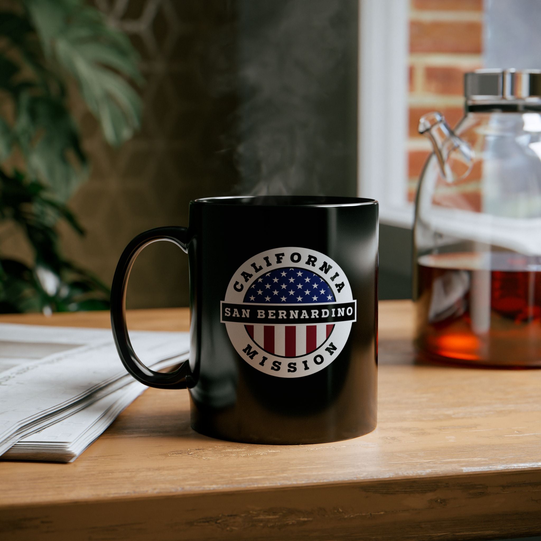 California San Bernardino Mission Circular Flag Black Ceramic Mug - Latter-Day Saint LDS Missionary Gift - Book of Mormon