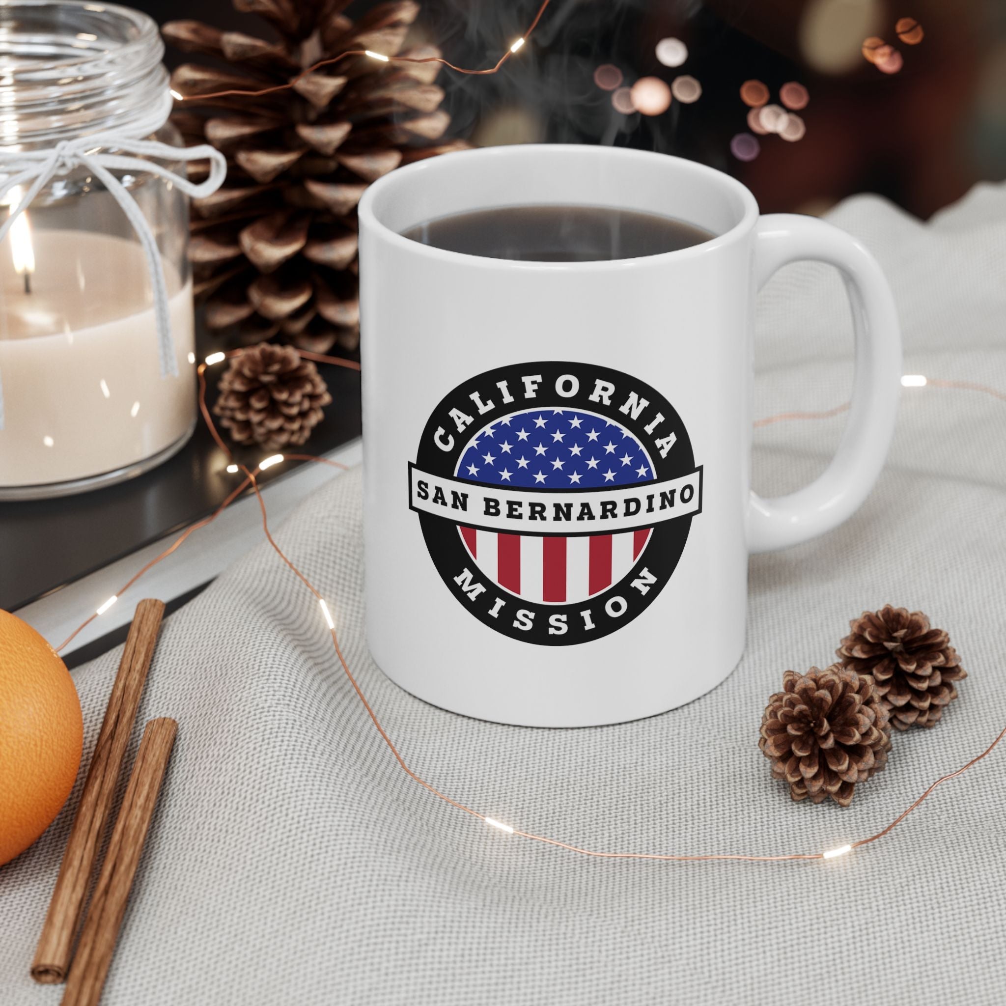 California San Bernardino Mission Circular Flag White Ceramic Mug - Latter-Day Saint LDS Missionary Gift - Book of Mormon