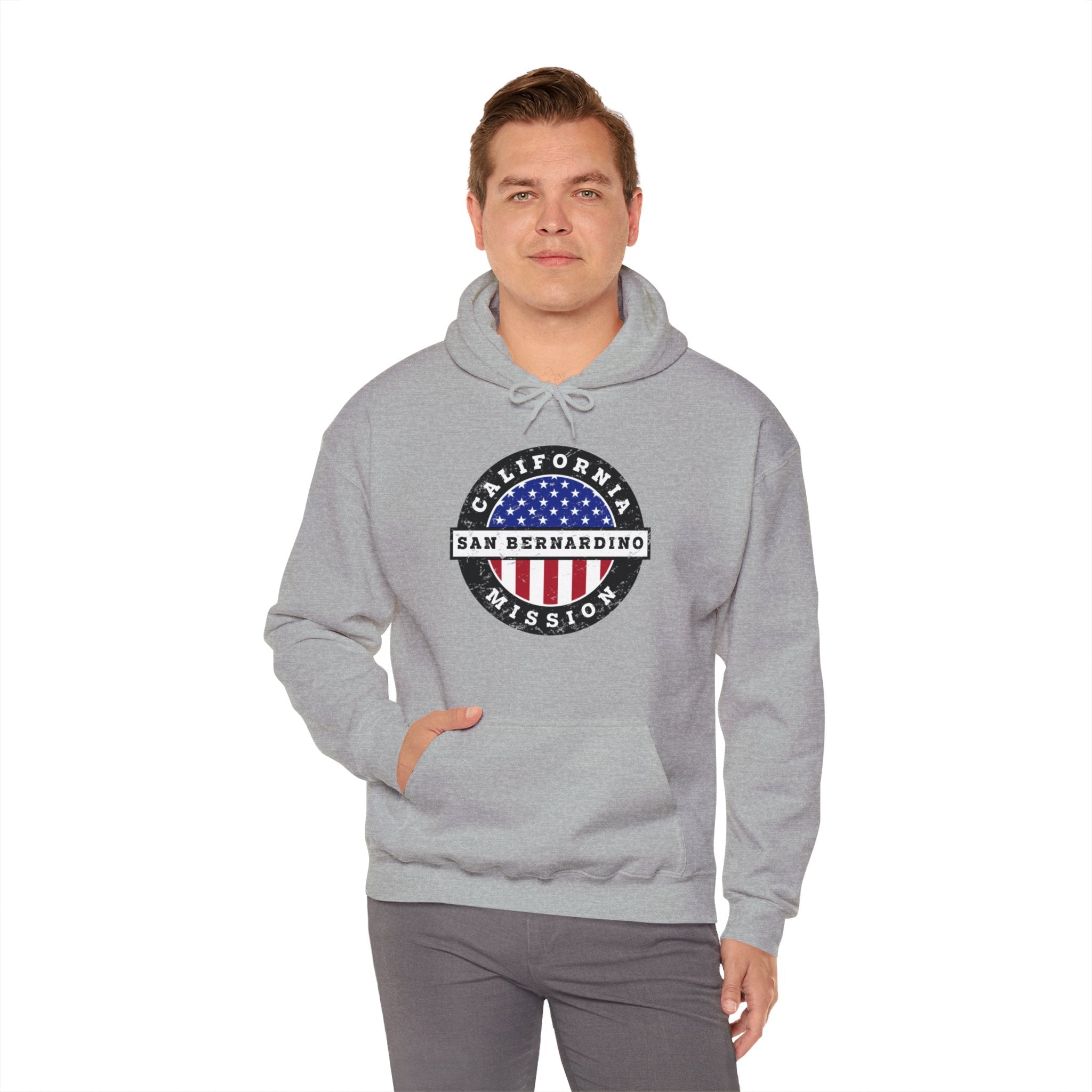 California San Bernardino Mission Circular USA Flag Hoodie - Latter-Day Saint LDS Missionary Gift - Book of Mormon