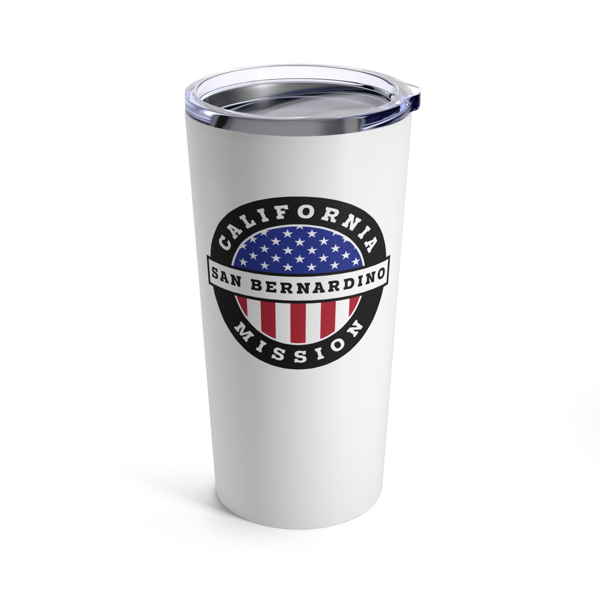 California San Bernardino Mission USA Flag Logo Tumbler 20oz White - Latter-Day Saint LDS Missionary Gift - Book of Mormon