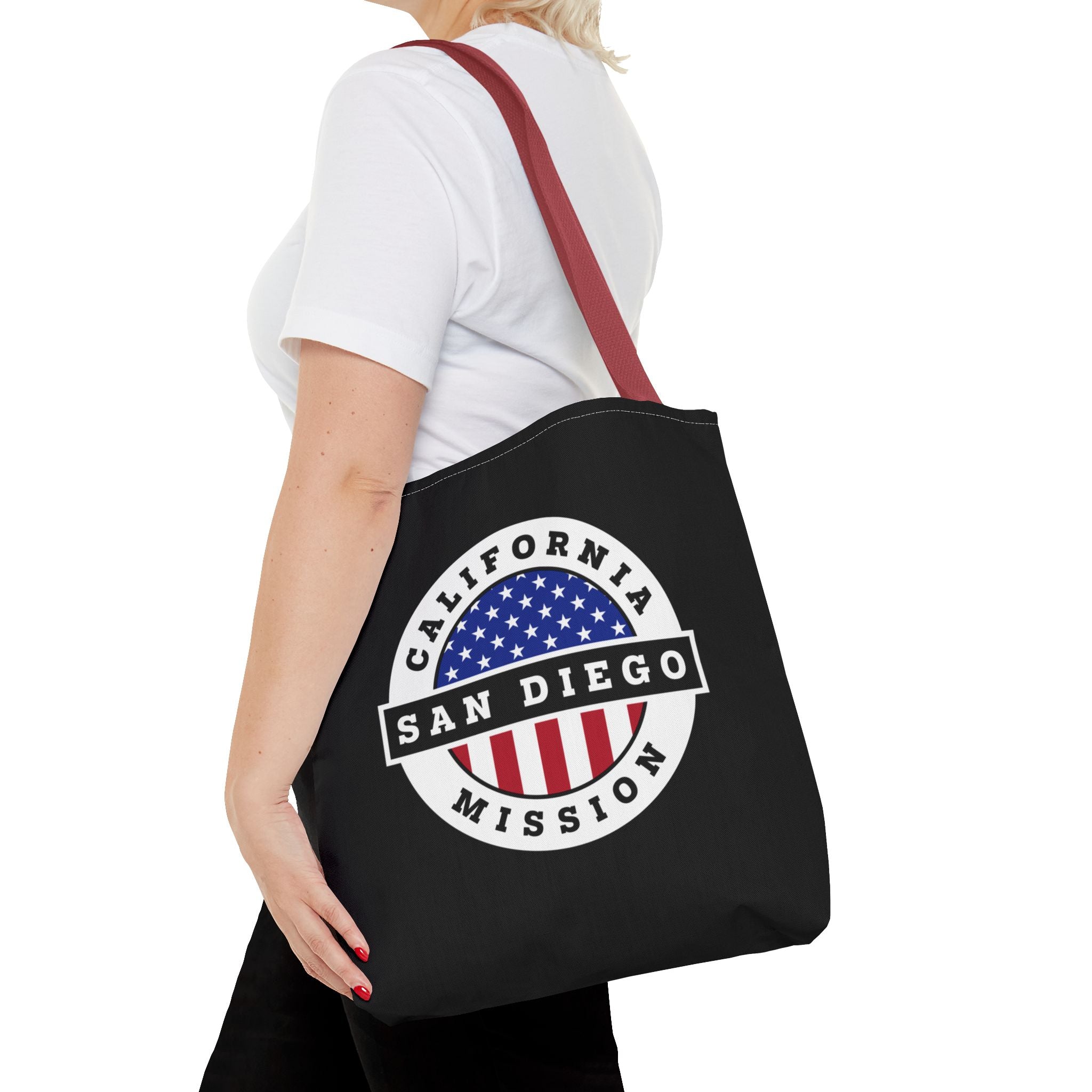 California San Diego Mission USA Flag Logo Tote Bag Black - Latter-Day Saint LDS Missionary Gift - Book of Mormon