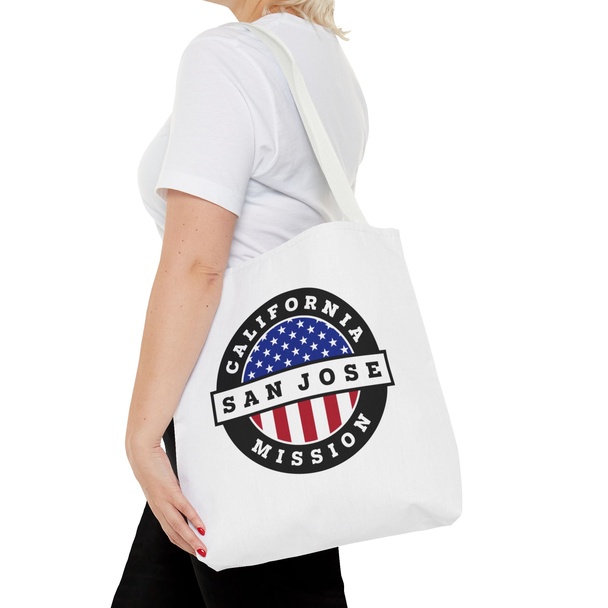 California San Jose Mission USA Flag Logo Tote Bag White - Latter-Day Saint LDS Missionary Gift - Book of Mormon